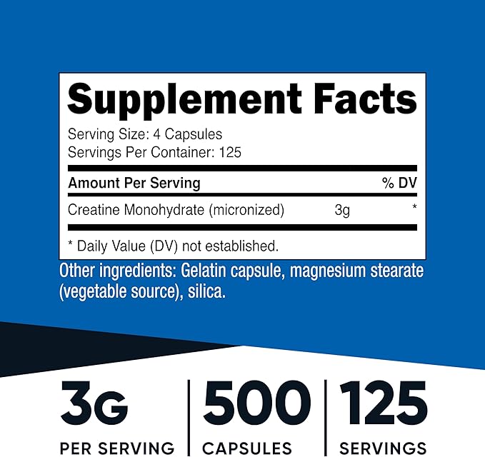 Nutricost Micronized Creatine Monohydrate 3000mg 500 Capsules 125 Servings 750mg of Creatine Monohydrate Per Capsule (Pack of 2)
