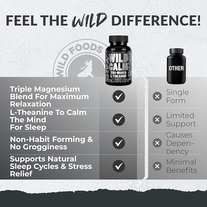 Wild Foods Tri-Mag &amp L-Theanine – Triple Magnesium Complex for Sleep w/L Theanine – Magnesium Glycinate Malate Taurate – 100% Natural – 60 Capsules