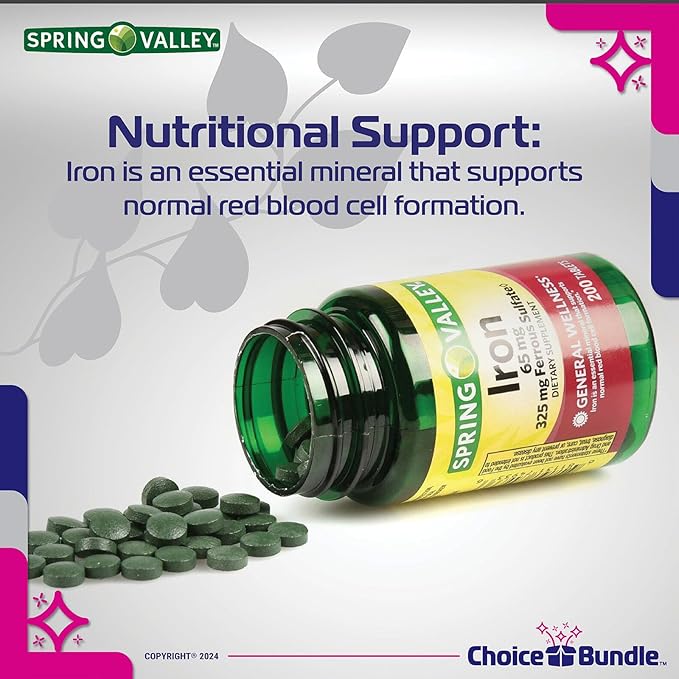 Spring Valley Iron 65 mg Tablets Ferrous Sulfate Value Size 200 Ct 3 Pk (600 Total) + Vitamin Vitality &amp Pill Container (5 Items)!