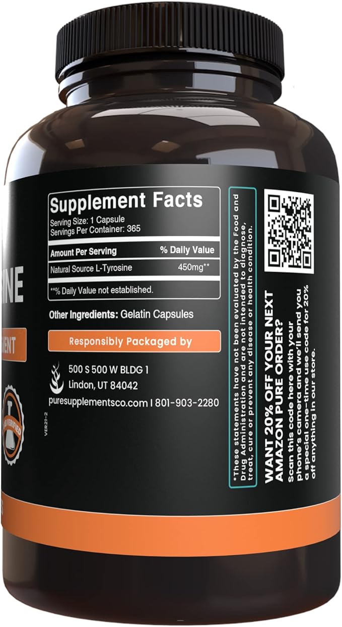 PURE ORIGINAL INGREDIENTS L-Tyrosine and Magnesium Citrate Bundle 365 Capsules Each Always Pure Lab Verified