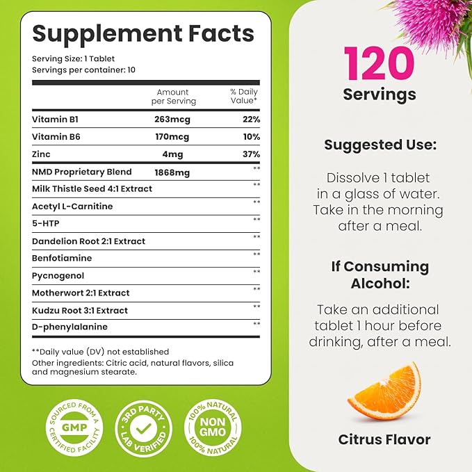 NoMoreDrinks Anti Alcohol Craving Supplement | Liver Detox &amp Combat Cravings | Energy Support Alcohol Replacement Drink | Organic Milk Thistle Supplement &amp Dandelion Root &amp 5HTP | (120) En