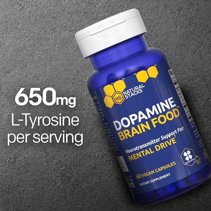 NATURAL STACKS Dopamine Brain Food - 650mg L-Tyrosine Supplement - Dopamine Supplement for Focus &amp Mental Drive - Supports Mental Energy - Neurotransmitter Support with B Vitamins - 60 Capsules