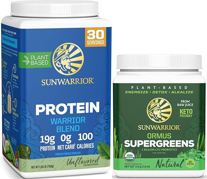 Sunwarrior Organic Greens Probiotic Powder &amp Plant Based Protein Powder Set | Bundle &amp Save | Ormus Supergreens Plus Vegan Organic Warrior Blend (30 Servings Protein 45 Servings Greens)