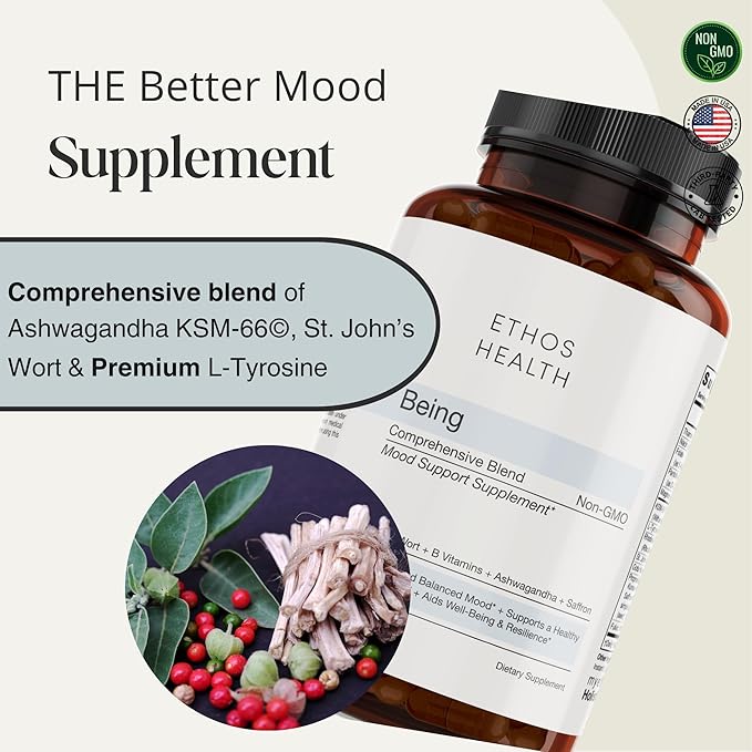Mood Support Vegan Capsules – Organic KSM‑66 Ashwagandha St John’s Wort Rhodiola Saffron Panax Ginseng &amp L‑Tyrosine – Natural Emotional Balance Energy &amp Focus – 60ct