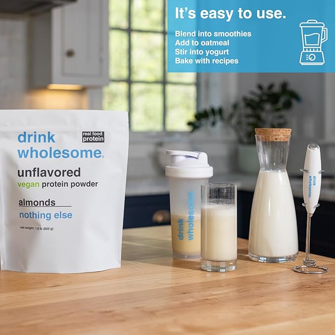 drink wholesome Vegan Unflavored Almond Protein Powder for Sensitive Stomachs | Minimally-Processed Whole-Food Protein | Additive-Free Dairy-Free Gluten-Free | Low Sodium