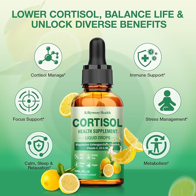 Cortisol Supplement for Women &amp Men - Cortisol Detox Reducer Magnesium Glycinate Ashwagandha L-Theanine Phosphatidylserine - Hormone Balance for Calm Mood Focus Sleep (2 FL.OZ Lemon)