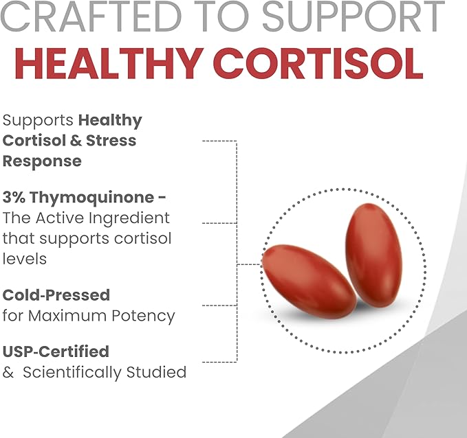 CORTISOL Manager Tablets | Stress Relief Improved Metabolism Body Detox &amp Sleep Support | Black Seed Oil Capsules with 3% Thymoquinone | Cortisol Supplements for Women &amp Men | 60 Softgel