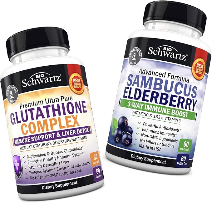 Glutathione Complex with Milk Thistle Extract Vitamin C &amp Quercetin + Sambucus Elderberry Capsules with Zinc &amp Vitamin C - Natural Antioxidant Formulas - Promotes Liver &amp Immune Support
