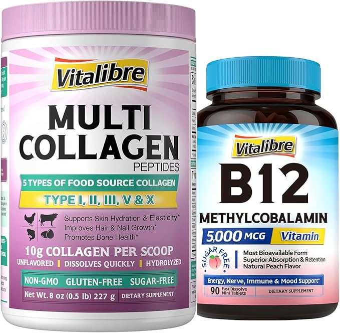 Multi Collagen Peptides Powder Type I II III V X Hydrolyzed Collagen Protein for Women and Men &amp Vitamin B12 Sublingual 5000 mcg Methylcobalamin 90 Fast Dissolve Mini Tablets