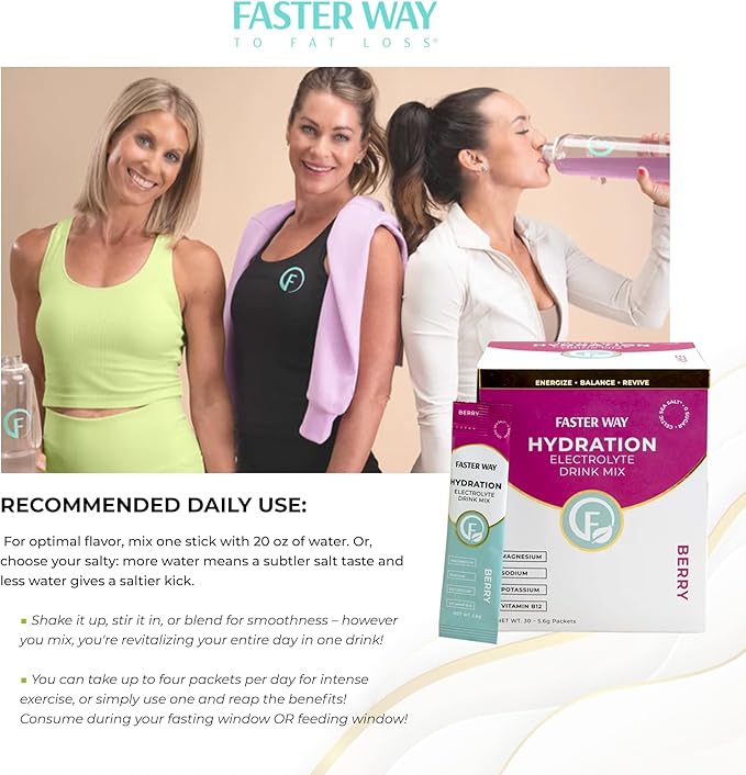 Faster Way - Hydration - Electrolyte Drink Mix - with Apple Cider Vinegar Choline Probiotics &amp Natural B Vitamins - Energize &amp Revive - Powder Packets - Zero Sugars - Gluten Free - Berry - 3