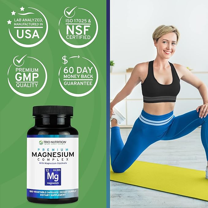 Trio Nutrition Magnesium Complex 90 Day Supply 420 mg | Natural Calm Relax Stress Relief and Muscle Recovery |Magnesium Glycinate Supplement with Vitamin B6 for Rapid Absorption*