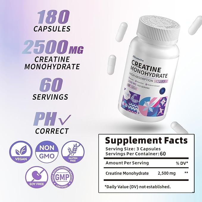 Creatine Monohydrate Capsules -3 Creatine Capsules per Serving 2500mg Gluten Free 180 Capsules