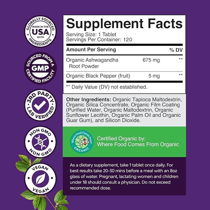 High Strength Organic Ashwagandha Supplements - Ashwagandha Organic Tablets for Mood Support &amp Hormone Balance for Women &amp Men - Root Extract Powder with Black Pepper for Better Absorption - 1