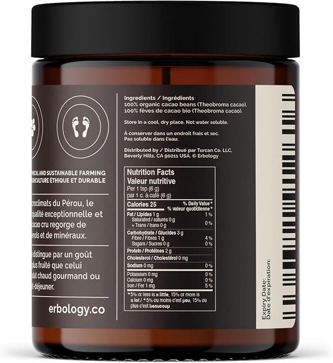 Erbology Organic Cacao Powder 3.2 oz - 18 Servings - Sustainably and Ethically Sourced Straight from Farm in Peru - Small Batch - Vegan - GMO-Free