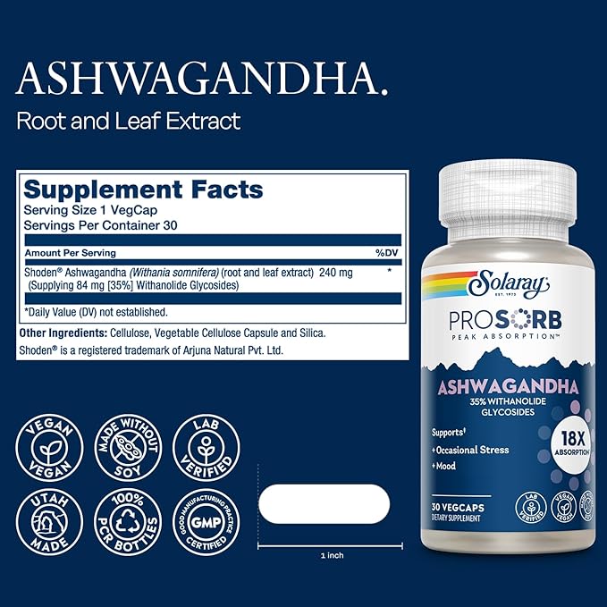 SOLARAY ProSorb Ashwagandha Supplements 18X Absorption and Turmeric Curcumin Supplements 29X Absorption Occasional Stress Mood and Joint Health Support Vegan 60-Day Guarantee 30 VegCaps