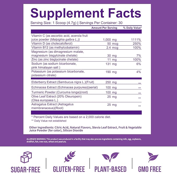 GOBIOTIX Vitamin C - Immune Defense Support Supplement - Immunity Powder Wellness Booster - Vegan Superfood - Elderberry Turmeric B12 Vitamin Supplement Non-GMO and Sugar Free (Berry)