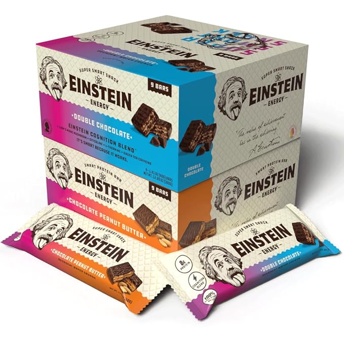 Einstein Energy Smart Snack Bars- Double Chocolate &amp Peanut Butter Protein Bars with Lion’s Mane Green Tea Extract &amp Caffeine for Focused Energy- Chocolate Wafers Bars Boost Mind Body &amp