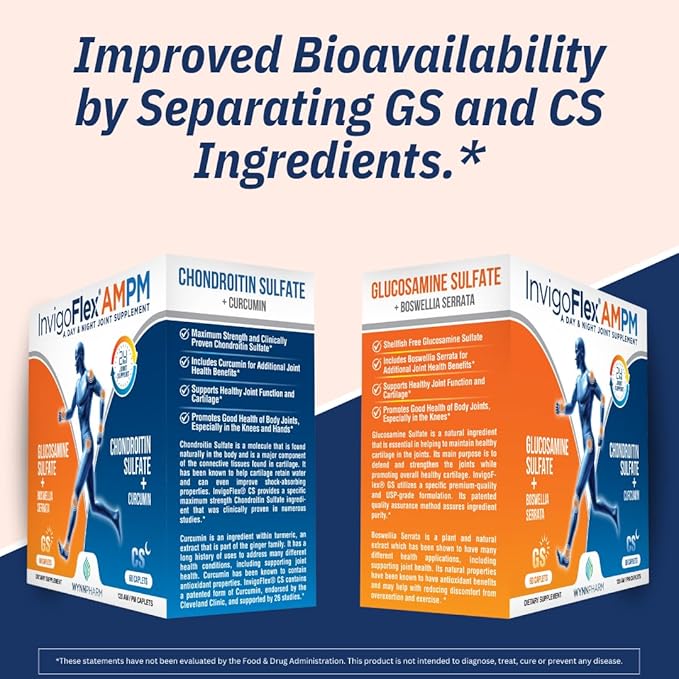 INVIGOFLEX Glucosamine &amp Chondroitin Sulfate - Turmeric Curcumin - Boswellia Serrata (Non GMO) 24 - Hour Premium Joint Supplement AMPM - 2 Pack