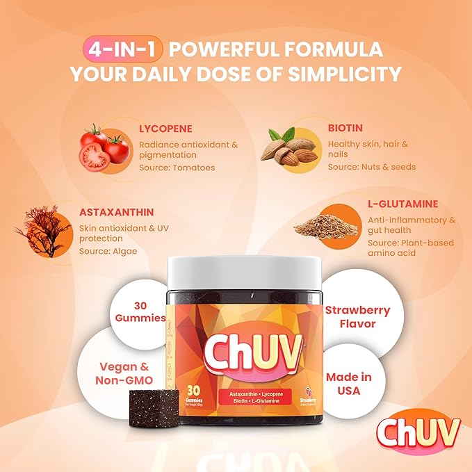 60 Gummies - Natural Astaxanthin Supplement for Supporting Tanning - Includes Lycopene Biotin and L-Glutamine - Non-GMO &amp Gluten-Free