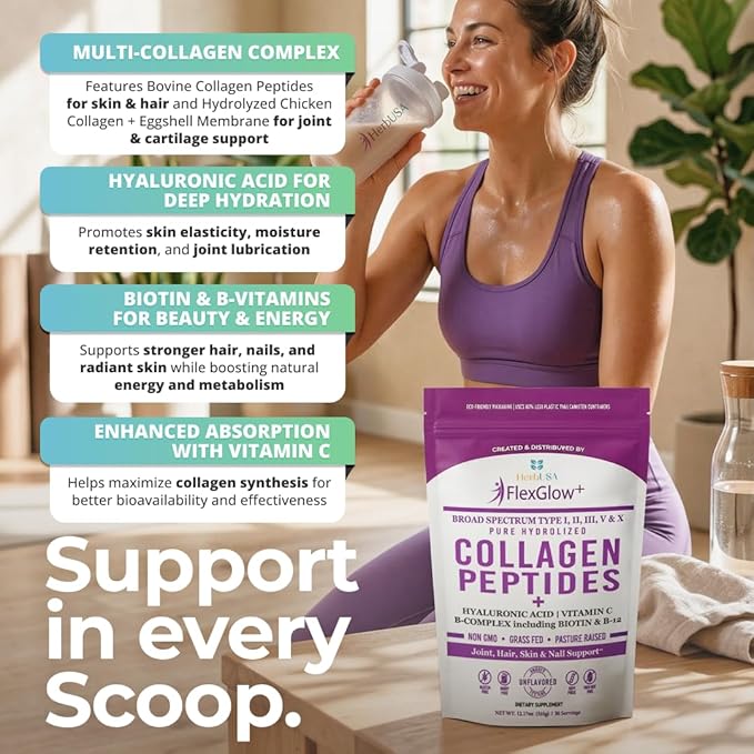 FlexGlow+ Collagen Peptides – Broad Spectrum (I II III V X) – Hyaluronic Acid Biotin &amp Vitamin C - Hair Skin &amp Joint Support – 30 Servings (Unflavored) (13.12 oz)