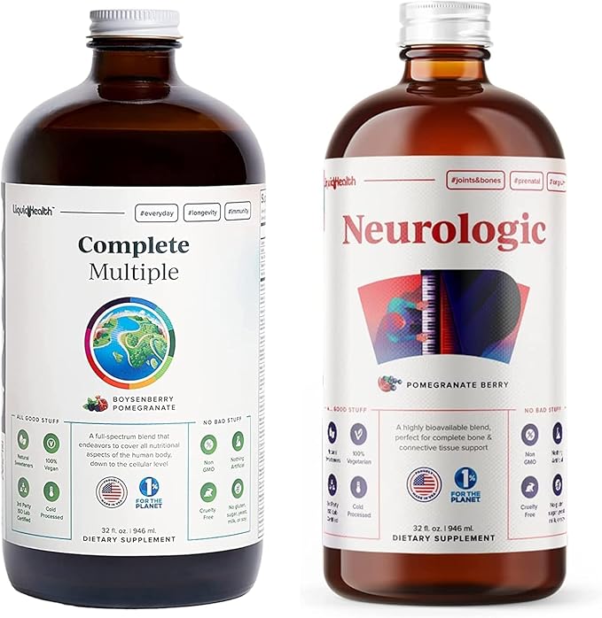 LIQUIDHEALTH Complete Multiple Daily Multivitamin &amp Neurologic Nootropic Liquid Vitamin Bundle for Adults - Boost Immune Support Improve Memory Focus &amp Concentration - Vegan Non-GMO Made i