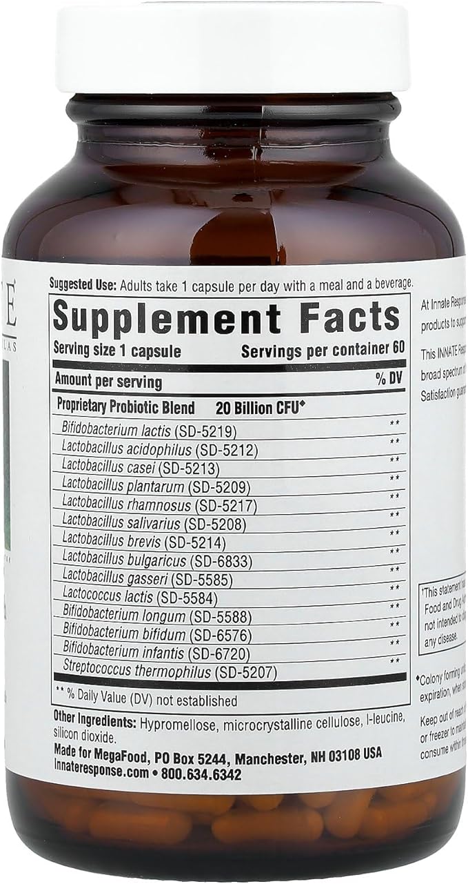 Innate Response Formulas Flora 20-14 Ultra Strength - Probiotic Supplement with 20 Billion CFU - 14 Probiotic Strains - Vegetarian and Non-GMO - Made Without 9 Food Allergens - 60 Capsules
