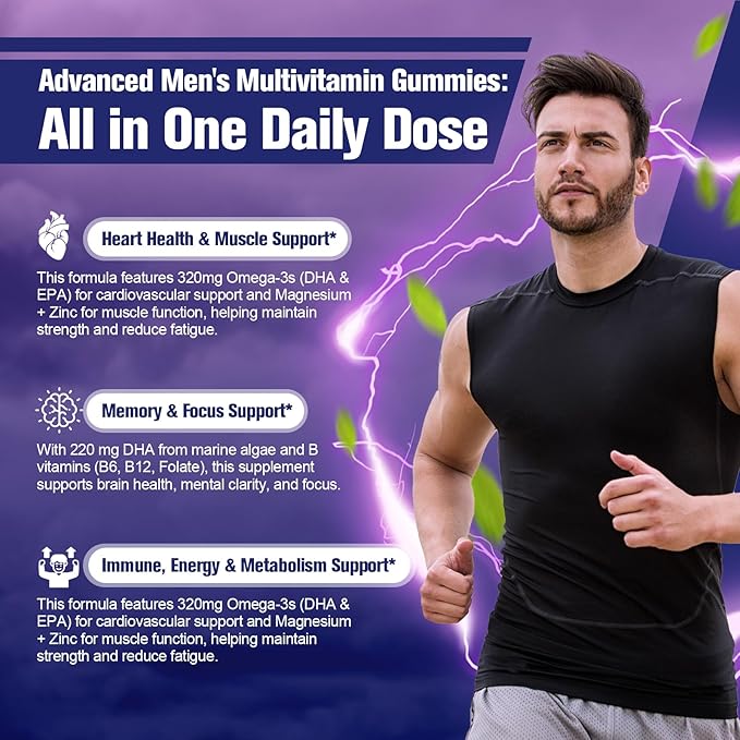 2-Pack Multivitamin for Men Mens Multivitamins Gummies w/Omega-3 Probiotics Inositol Folate Male Support Blend Vitamins A C D E B - Support Heart Brain Muscle Energy Sugar-Free Gummy