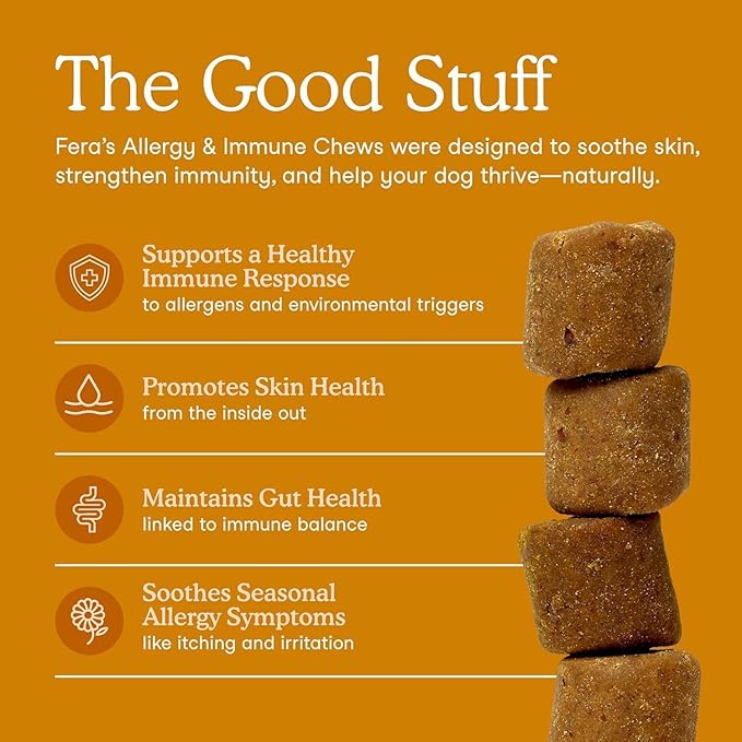 Fera Pets Dog Allergy Chews – Allergy Relief &amp Itching Skin Relief – Immune &amp Gut Support with Organic Mushrooms Postbiotics &amp Colostrum – Promotes Skin Health – 90 Soft Chews