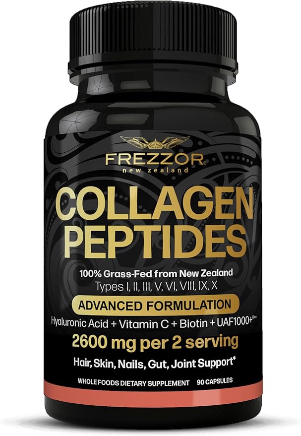 FREZZOR Collagen Peptides with UAF1000+ 100% Grass-Fed New Zealand Cattle Source Hydrolyzed Joint Skin Hair &amp Nail Support Amino Acids Anti-Aging 90 Capsules 1 Bottle