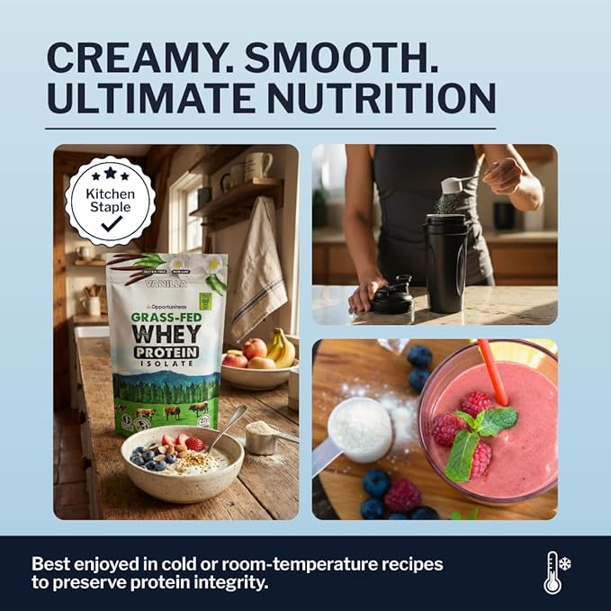 Opportuniteas Grass Fed Vanilla Whey Protein Isolate Powder - 22g Protein Powder Without Artificial Sweeteners Hormone-Free Cows Non GMO - 1lb