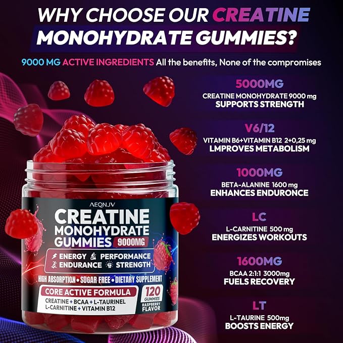 Cytona Creatine Gummies Monohydrate Complex 9000MG Pre-Workout for Men &amp Women Creatine Gummy with L-Taurine BCAA 2:1 B12/6 for Muscle Support Enhance Strength Energy Boost-120 Count