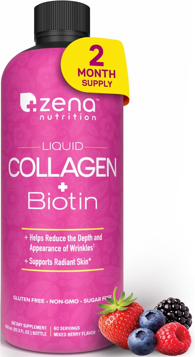 Zena Nutrition Liquid Collagen for Women &amp Men (Type 1 &amp 3) &amp 5000mcg Biotin 2500mg Verisol Bioactive Collagen Peptides Hair Skin Nail Supplement Mixed Berry Colageno 60 Servings 20