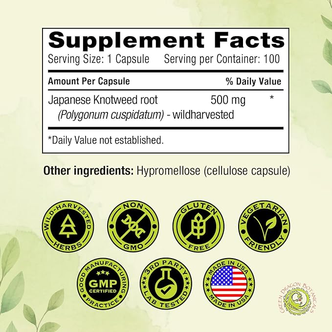 Japanese Knotweed Capsules 500 mg 100 Capsules Made in USA - Natural Source of Resveratrol Immune Support Supplement Non-GMO Gluten-Free Vegetarian Japanese Knotweed Root for Cardiovascular Health.*