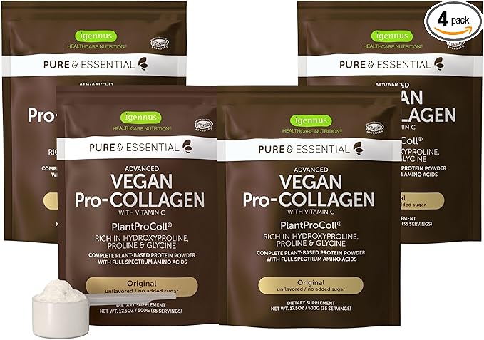Igennus Vegan Collagen Peptide Powder Enhanced with Glycine Proline &amp Hydroxyproline &amp Cofactor Vitamin C Non GMO Complete Vegetarian Plant Based Collagen Powder Booster 4 x 35 Servings