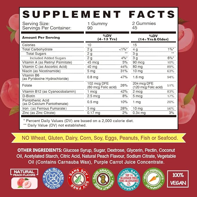 Vegan Iron Gummies Supplement - Multivitamin Supplement with Vitamin C A B &amp Zinc - Health Blood &amp Energy Support for Iron Deficiency Anemia No After Taste - Peach Flavor（2 Packs）
