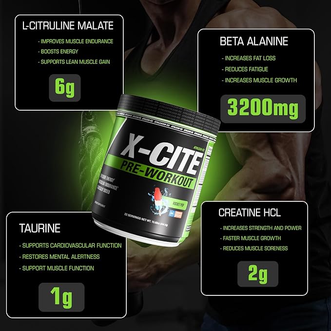 X-CITE Pre-Workout by ATHLEAN-X - Enhanced Formula with Beta-Alanine Creatine &amp Caffeine for Ultimate Energy Endurance Focus &amp Muscle Pump NSF Certified for Sports (Rocket Pop)
