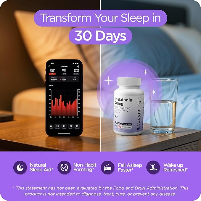 Balancebreens Melatonin 20mg Fast Dissolve Tablets - High Potency Fast Acting Natural Sleep Support – Sleep Aids for Adults – Non-Groggy Drug-Free Formula – 120 Sleeping Pills