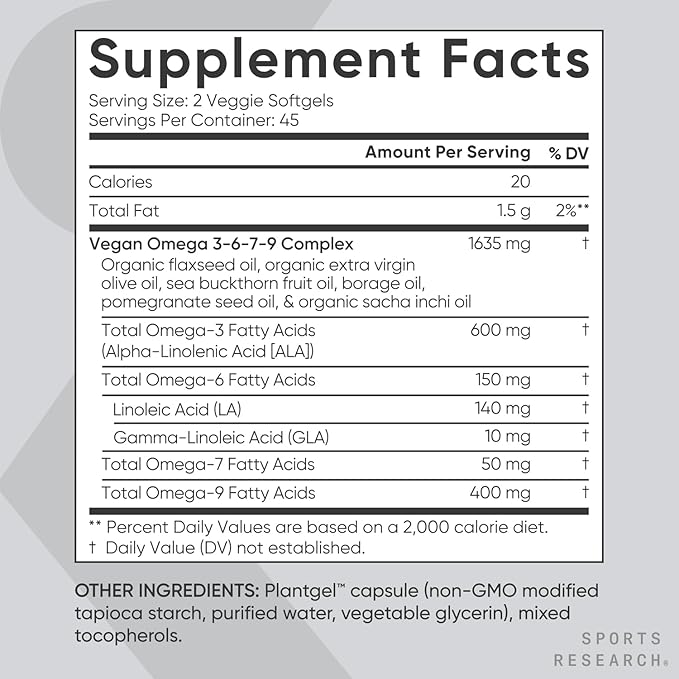 Sports Research® Vegan Supplements Pack - Vegan Omega 3-6-7-9 - 1200 mg of Multi-Spectrum Omega Fatty Acids + D3 + K2 + High Potency Vitamin C