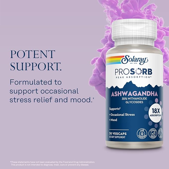 SOLARAY ProSorb Ashwagandha Supplements 18X Absorption and Turmeric Curcumin Supplements 29X Absorption Occasional Stress Mood and Joint Health Support Vegan 60-Day Guarantee 30 VegCaps