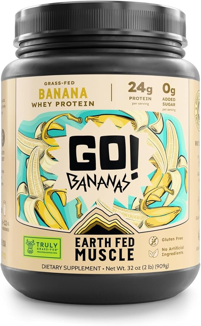 Earth Fed Muscle Go! Bananas Irish Grass‑Fed Whey Protein Isolate – All Natural Banana Flavor Zero Added Sugar Soy‑Free Gluten‑Free (2lb 27 Servings Banana)