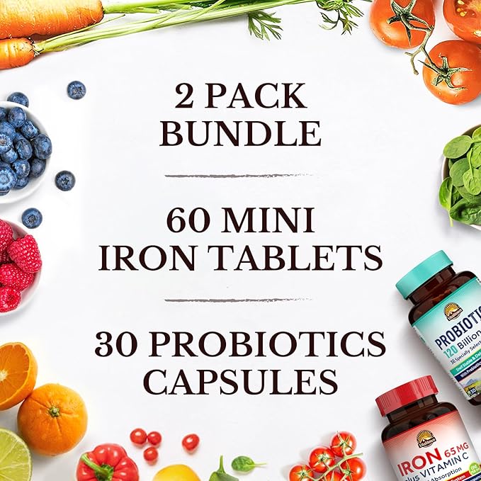 Vitalitown Probiotic + Iron Supplement Bundle | Probiotics 120 Billion (Item 1) &amp 65mg Iron Suplement (Item 2) | Gut Bone Muscle Blood Building Energy | Vegan | 30 Capsules &amp 60 Tablets
