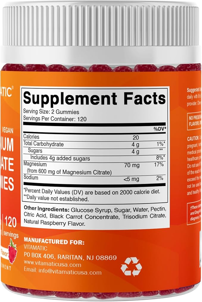 Vitamatic Magnesium Citrate Gummies 600mg per Serving - 240 Vegan Gummies - Natural Raspberry Flavor - High Absorption Magnesium Supplement - Supports Nerve Bone and Muscle Health