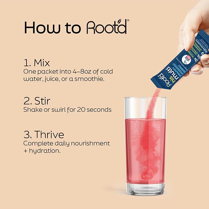 Root'd Multivitamin Powder with 3X Electrolytes for Men - 24 Vitamins &amp Minerals 3X Electrolytes 9 Superfoods Probiotics &amp Enzymes Sugar-Free Multivitamin &amp Hydration | 24 Packets
