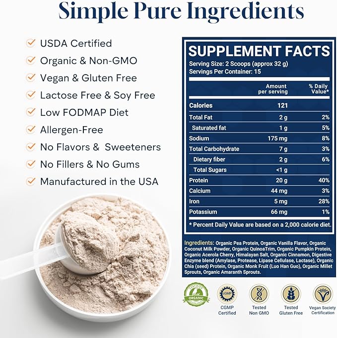 Organic Vegan Protein Powder - 20g Plant Based Protein for Women and Men with Pea Protein Superfood &amp Digestive Enzymes - Clean Protein Gluten-Free Gut-Friendly &amp Non-Bloating Keto