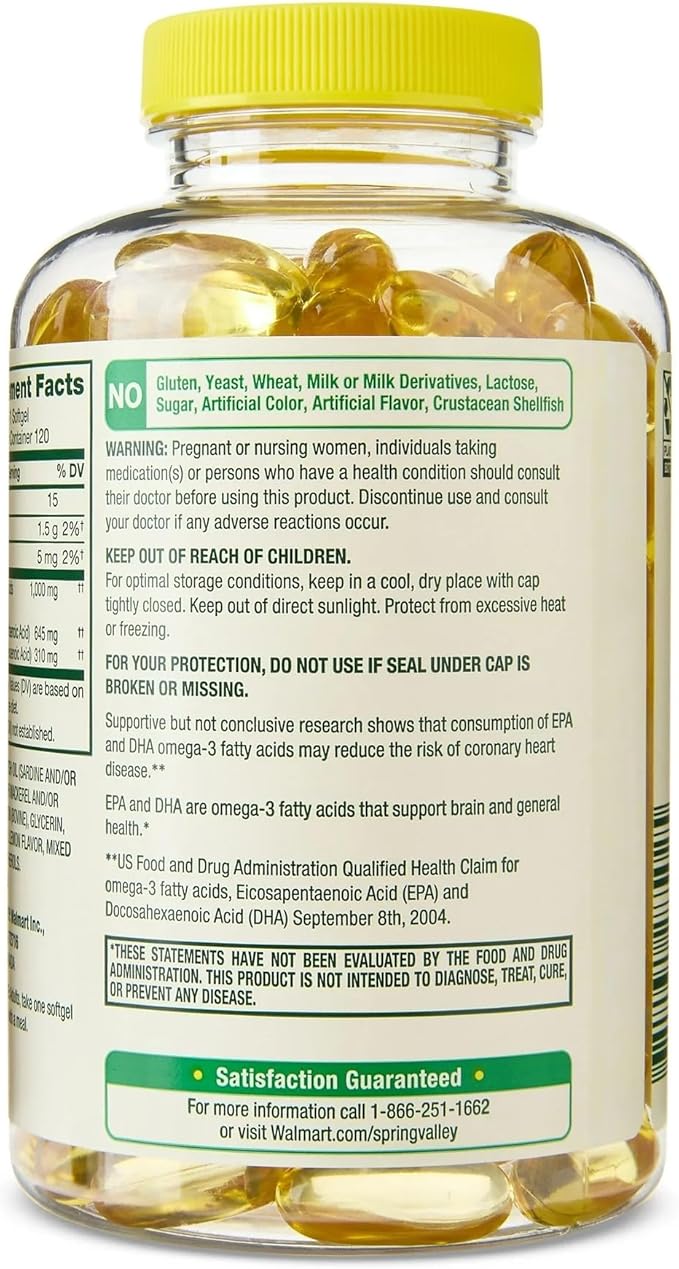 Spring Valley Omega-3 Soft Gels 1000mg Natural Lemon Flavor 120 Count – Supports Heart Brain &amp Immune Health