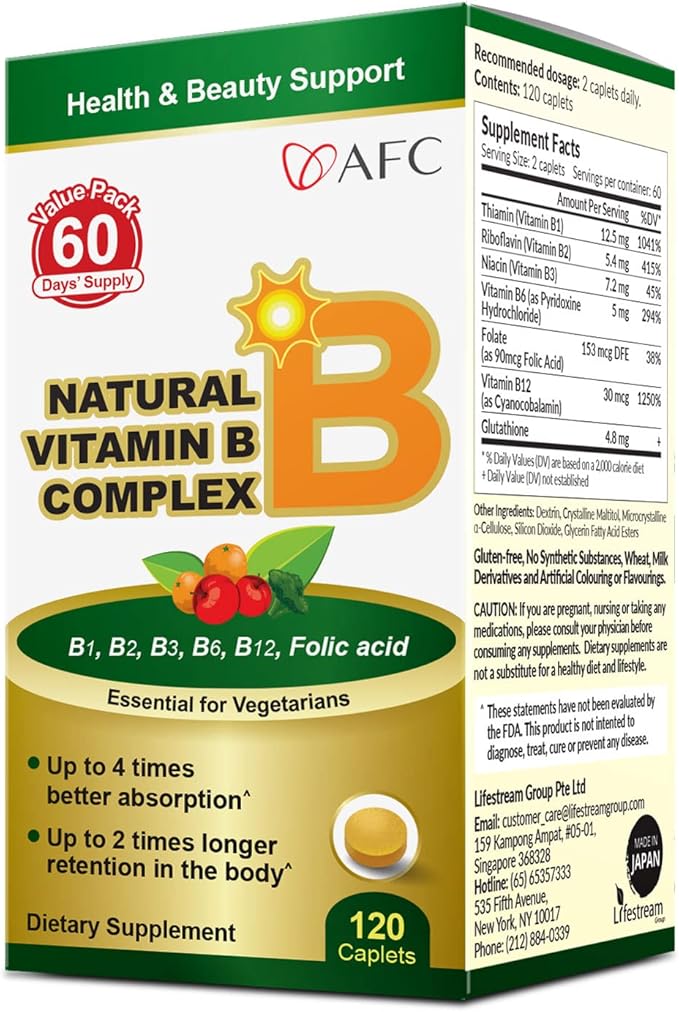 AFC Japan Natural Vitamin B Complex with B1 B2 B3 B6 B12 Folic Acid &amp Glutathione Yeast Extract No Synthetics Non-GMO Supplement for Stress Energy Immune &amp Nervous System120 Vegan C