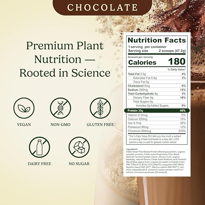 Field's Great Plant-Based Protein with Fiber for Muscle Maintenance Vegan Protein Powder Whey Free Gluten Free Dairy Free - 30g of Protein and 5g Fiber in Each Serving (Chocolate- 4 Pack)