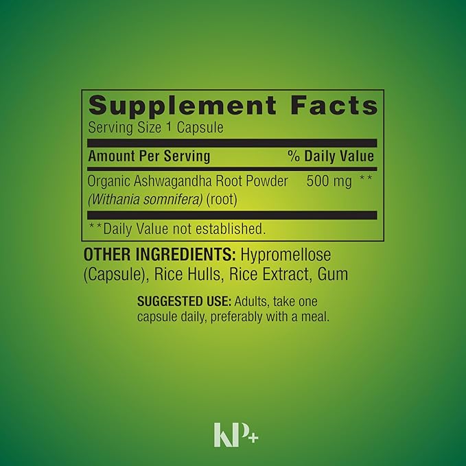 KP+ Ashwagandha Root Powder 500 mg | General Wellness | May Help Moderate Stress &amp Support Immune Health | Dietary Supplement | 60 Vegetarian Capsules | Pack of 1