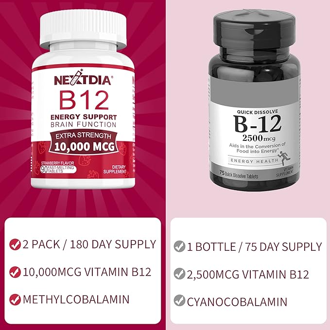 B12 Vitamins 10000 mcg Methylated Vitamin B12 Sublingual - Energy Boost Focus Metabolism &amp Brain Health Support Immune System Support Fast Dissolve Natural Strawberry Flavor 270 Servings