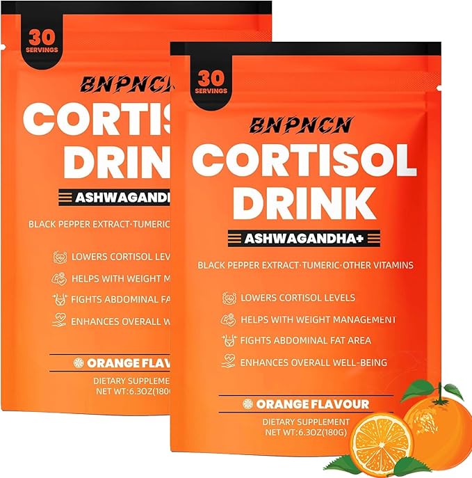 Cortisol Support Drink Mix with Ashwagandha and L-Theanine Stress Relief Supplement Powder for Adults (2pcs Orange)